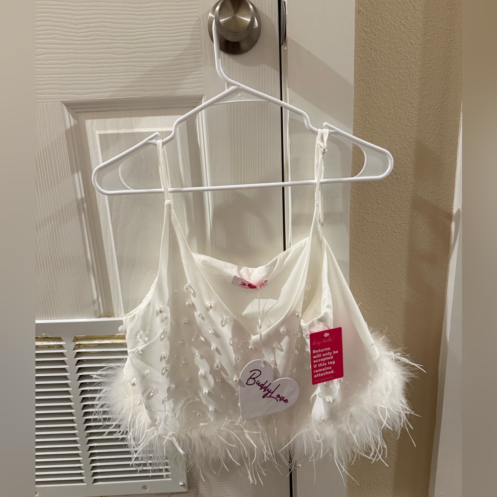 Buddy Love White Feathered Top Size Large - NWT